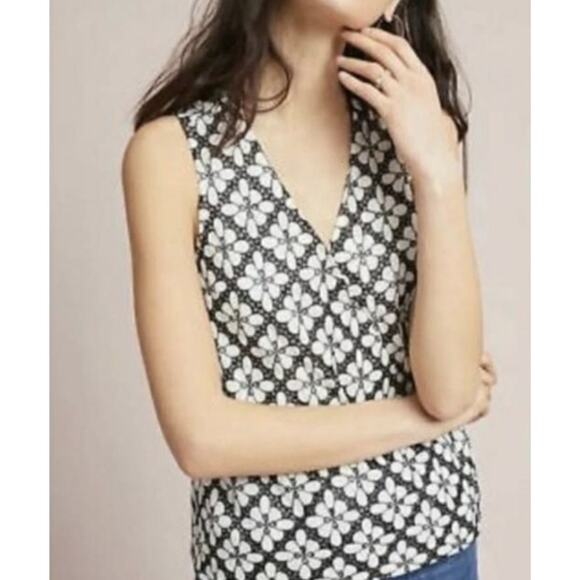 Maeve By Anthropologie Womens Sleevless Top Size 2 Black White Floral V Neck - Picture 2 of 12